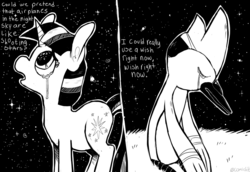 Size: 870x599 | Tagged: safe, artist:comickit, twilight sparkle, pony, unicorn, g4, aeroplanes and meteor showers, crossover, crossover shipping, female, male, mare, meme, monochrome, mordecai, mordetwi, parody, redraw mordetwi meme, regular show