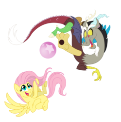 Size: 1024x1028 | Tagged: safe, artist:icelion87, discord, fluttershy, draconequus, pegasus, pony, g4, ball, cute, discute, featureless crotch, female, male, mare, playing, shyabetes