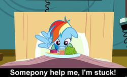 Size: 1600x973 | Tagged: safe, edit, edited screencap, screencap, rainbow dash, pegasus, pony, g4, read it and weep, adorable distress, bandage, bed, bronybait, caption, cs captions, cute, dashabetes, female, floppy ears, food, glass, hospital, mare, silly, silly pony, solo, stuck