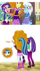 Size: 681x1200 | Tagged: dead source, safe, artist:maron0807, screencap, adagio dazzle, aria blaze, sonata dusk, trixie, equestria girls, g4, my little pony equestria girls: rainbow rocks, big hair, blushing, comedy, fluffy, funny, funny as hell, hair, hammerspace hair, screencap reference, the dazzlings, this explains everything
