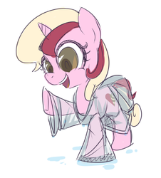 Size: 489x542 | Tagged: safe, artist:inlucidreverie, oc, oc only, oc:serenity (fallout equestria: heroes), pony, unicorn, fallout equestria, fallout equestria: heroes, clothes, female, filly, foal, happy, horn, open mouth, raised hoof, see-through, sketch, solo, unicorn oc, wet clothes, wet shirt