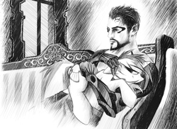 Size: 2000x1455 | Tagged: safe, artist:kejifox, lyra heartstrings, human, pony, unicorn, g4, adam jensen, crossover, deus ex, deus ex: human revolution, grayscale, holding a pony, monochrome