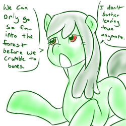 Size: 500x500 | Tagged: safe, artist:jitterbugjive, oc, oc only, oc:three leaf, earth pony, pony, ask sunnytown, story of the blanks, ask, blank flank, dialogue, female, mare, solo, speech bubble, talking, tumblr