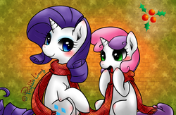Size: 2000x1300 | Tagged: safe, artist:phyllismi, rarity, sweetie belle, g4, :d, clothes, happy, holly, scarf, shared clothing, shared scarf, sisters