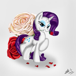 Size: 2835x2835 | Tagged: safe, artist:the-revered-dragon, rarity, g4, bedroom eyes, high res, mouth hold, pose, rose