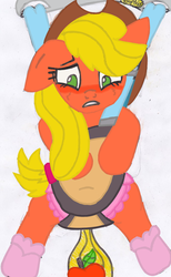 Size: 660x1072 | Tagged: safe, artist:cuddlelamb, applejack, g4, apple, baby bouncer, booties, diaper, female, food, hat, non-baby in diaper, pony price company, solo