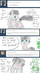 Size: 500x900 | Tagged: safe, artist:jitterbugjive, oc, oc only, oc:grey hoof, oc:three leaf, earth pony, pony, ask sunnytown, story of the blanks, ask, blushing, comic, cutie mark, dialogue, female, grin, male, mare, smiling, stallion, stallion oc, tumblr