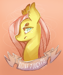 Size: 543x649 | Tagged: safe, artist:steeve, fluttershy, pony, g4, bushy brows, female, mare, mouthpiece, old banner, sidemouth, solo, subversive kawaii, text