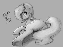 Size: 1119x847 | Tagged: safe, artist:rain-gear, oc, oc only, oc:backy, butt, female, looking at you, monochrome, plot, sketch, solo, tongue out, underhoof
