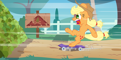 Size: 6000x3000 | Tagged: safe, artist:discorded, applejack, earth pony, pony, g4, female, hilarious in hindsight, imminent crash, pear, skateboard, solo