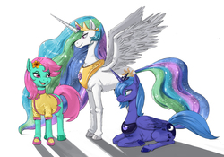 Size: 3200x2236 | Tagged: safe, artist:kevinsano, princess celestia, princess luna, oc, oc:kizna, alicorn, earth pony, pony, g4, flower, flower in hair, high res, s1 luna, trio