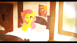 Size: 1280x720 | Tagged: safe, artist:gmrqor, fluttershy, butterfly, g4, bed, cute, female, morning, morning ponies, solo