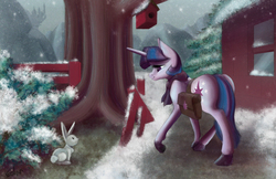 Size: 1881x1217 | Tagged: safe, artist:solarsourced, twilight sparkle, pony, rabbit, g4, clothes, female, mare, scarf, snow, snowfall, winter