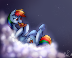 Size: 1024x819 | Tagged: safe, artist:rflzqt, rainbow dash, g4, cloud, female, night, pizza, solo, stars