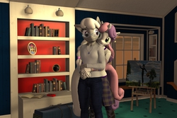 Size: 3000x2000 | Tagged: safe, artist:tahublade7, silver spoon, sweetie belle, anthro, plantigrade anthro, g4, 3d, alternate hairstyle, clothes, daz studio, female, game boy, glasses, happy, high res, hug, hug from behind, lesbian, older, ship:silverbelle, shipping, skirt, splendorman, sunset