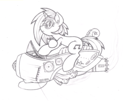 Size: 800x653 | Tagged: safe, artist:dfectivedvice, dj pon-3, vinyl scratch, g4, female, grayscale, hoverbike, monochrome, riding, solo, traditional art