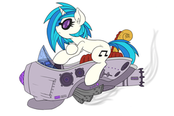 Size: 3000x2000 | Tagged: safe, artist:dfectivedvice, artist:dragonfoorm, dj pon-3, vinyl scratch, g4, female, high res, hoverbike, riding, simple background, solo, white background