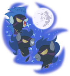 Size: 2883x3121 | Tagged: dead source, safe, artist:rankao, descent, nightshade, pegasus, pony, g4, clothes, female, goggles, high res, male, mare, mare in the moon, moon, shadowbolts, shadowbolts costume, simple background, stallion, three wolf moon, transparent background, trio
