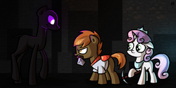 Size: 1058x532 | Tagged: safe, artist:milchik, button mash, sweetie belle, earth pony, enderman, enderpony, pony, unicorn, don't mine at night, g4, colt, confrontation, endermane, female, filly, foal, male, minecraft, pickaxe, ponified, sword, video game, weapon