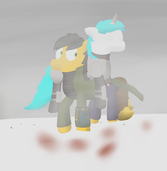Size: 1131x1159 | Tagged: safe, artist:minty candy, oc, oc only, oc:minty candy, oc:twintails, pegasus, pony, unicorn, fallout equestria, fallout equestria: occupational hazards, armor, blood, blood stains, carrying, missing limb, pipbuck, snow, story