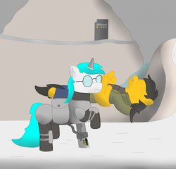 Size: 1280x1229 | Tagged: safe, artist:minty candy, oc, oc only, oc:minty candy, oc:twintails, cyborg, pegasus, pony, unicorn, fallout equestria, fallout equestria: occupational hazards, armor, flying, story