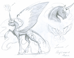 Size: 3229x2504 | Tagged: safe, artist:phantomnova189, nightmare moon, g4, female, high res, monochrome, solo, traditional art