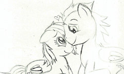 Size: 900x541 | Tagged: safe, artist:schwarzekatze4, rainbow dash, soarin', g4, female, heart, male, monochrome, nuzzling, old cutie mark, ship:soarindash, shipping, straight, traditional art