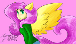 Size: 6000x3500 | Tagged: safe, artist:snarkdreamer, fluttershy, human, g4, blushing, eared humanization, female, humanized, solo, tailed humanization, winged humanization