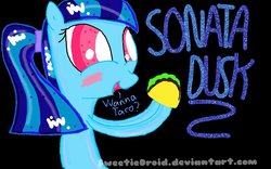 Size: 1024x640 | Tagged: safe, artist:sweetiedroid, sonata dusk, earth pony, pony, g4, black background, earth pony sonata dusk, equestria girls ponified, ethereal mane, female, needs more jpeg, ponified, simple background, solo, sonataco, starry eyes, starry mane, taco, that girl sure loves tacos, that pony sure does love tacos, that siren sure does love tacos, wingding eyes