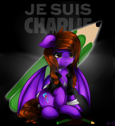 Size: 2000x2200 | Tagged: safe, artist:thetarkaana, oc, oc only, pony, charlie hebdo, crying, female, french, high res, je suis charlie, mare, pencil, sad, solo