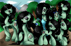 Size: 1205x783 | Tagged: safe, artist:ponygoddess, oc, oc only, oc:sappho, equestria girls, g1, g2, g3, g3.5, g4, my little pony 'n friends, my little pony tales, bedroom eyes, cutie mark, earring, equestria girls-ified, floppy ears, g1 to g4, g4 to g1, g4 to g2, g4 to g3, g4 to g3.5, generation leap, generational ponidox, generations, gritted teeth, hair over one eye, looking at you, looking back, looking back at you, one eye closed, open mouth, self ponidox, smiling, smiling at you, watermark, wink