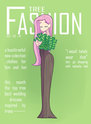 Size: 730x1000 | Tagged: safe, artist:looji, fluttershy, human, g4, beautiful, clothes, dress, eyes closed, female, fluttertree, humanized, magazine cover, pun, solo, tree costume