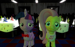 Size: 889x559 | Tagged: safe, fluttershy, twilight sparkle, alicorn, pony, robot, robot pony, five nights at aj's, g4, 3d, animatronic, applefreddy fazjack's pizzeria, chicashy, female, five nights at aj's 2, five nights at freddy's, flutterchica, looking at you, mare, solo, twibon, twilight sparkle (alicorn)