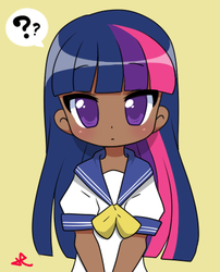 Size: 362x447 | Tagged: safe, artist:lolopan, twilight sparkle, human, g4, :o, adorkable, anime, blushing, chibi, clothes, cute, dark skin, dork, female, humanized, looking at you, lucky star, question mark, sailor uniform, school uniform, simple background, solo, sparkle, twiabetes