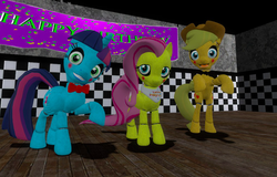 Size: 525x337 | Tagged: safe, applejack, fluttershy, twilight sparkle, alicorn, pony, robot, robot pony, five nights at aj's, g4, 3d, animatronic, applefreddy, applefreddy fazjack's pizzeria, chicashy, dancing, female, five nights at aj's 2, five nights at freddy's, flutterchica, happy, looking at you, mare, toy, toy animatronics, toy chicashy, toy fazjack, toy twibon, twibon, twilight sparkle (alicorn)