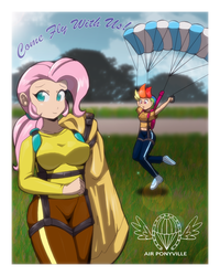 Size: 2850x3564 | Tagged: safe, artist:severflame, fluttershy, rainbow dash, human, g4, air ponyville, high res, humanized, light skin, parachute, skydiving