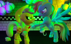 Size: 888x555 | Tagged: safe, applejack, rainbow dash, pony, robot, robot pony, five nights at aj's, g4, 3d, angry, animatronic, applefreddy, applefreddy fazjack's pizzeria, five nights at freddy's, foxy dash