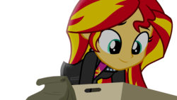 Size: 1280x720 | Tagged: safe, edit, edited screencap, screencap, sunset shimmer, equestria girls, g4, my little pony equestria girls: rainbow rocks, box, clothes, cute, female, jacket, leather jacket, looking down, screenshots, shimmerbetes, simple background, smiling, solo, transparent background, vector