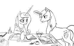 Size: 1280x789 | Tagged: safe, artist:silfoe, princess cadance, shining armor, royal sketchbook, g4, bags under eyes, grayscale, ink, magic, monochrome, paperwork, quill, working