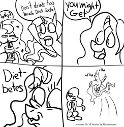 Size: 3905x4000 | Tagged: safe, artist:mysterimaan, princess celestia, princess luna, g4, comic, monochrome, pun, soda