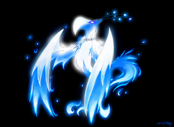 Size: 1560x1133 | Tagged: safe, artist:masterjosh140, bird, night phoenix, phoenix, ambiguous gender, black background, blue, fire, glowing, glowing eyes, necklace, simple background, solo, sparks, spread wings, wing fluff