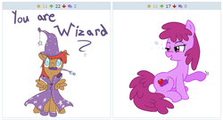 Size: 517x279 | Tagged: safe, artist:celerypony, artist:madmax, berry punch, berryshine, oc, pegasus, pony, derpibooru, g4, :3, artifact, blushing, cape, clothes, colored, cute, drunk, drunk bubbles, exploitable meme, female, hat, juxtaposition, juxtaposition win, meme, meta, mouth hold, sitting, smiling, stars, wand, wizard, wizard hat