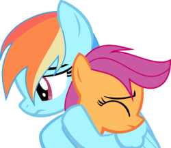 Size: 3034x2632 | Tagged: safe, artist:feralhamster, rainbow dash, scootaloo, g4, high res, hug, sad, scootalove, simple background, transparent background, vector