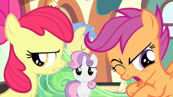 Size: 1280x720 | Tagged: safe, apple bloom, scootaloo, sweetie belle, g4, cutie mark crusaders, varying degrees of want