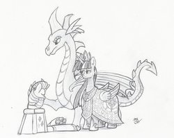 Size: 1001x798 | Tagged: safe, artist:sensko, rarity, spike, twilight sparkle, alicorn, dragon, pony, g4, adult spike, black and white, female, grayscale, immortality blues, male, mare, monochrome, older, older spike, pencil drawing, quadrupedal spike, sad, ship:sparity, shipping, sketch, straight, traditional art, twilight sparkle (alicorn), winged spike, wings