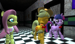 Size: 683x405 | Tagged: safe, applejack, fluttershy, twilight sparkle, alicorn, pony, robot, robot pony, five nights at aj's, g4, 3d, animatronic, applefreddy, applefreddy fazjack's pizzeria, chicashy, female, five nights at aj's 2, five nights at freddy's, flutterchica, mare, solo, twibon, twilight sparkle (alicorn)