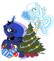 Size: 1280x1463 | Tagged: safe, artist:agnessangel, princess luna, oc, oc:snowdrop, alicorn, pegasus, pony, g4, christmas decoration, christmas tree, decoration, duo, duo female, female, glowing, glowing horn, horn, magic, mare, pegasus oc, simple background, telekinesis, transparent background, tree, wings