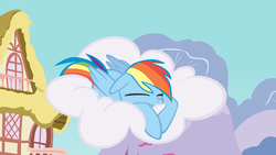 Size: 1600x900 | Tagged: artist needed, safe, rainbow dash, g4, cloud, female, sleeping, solo, wallpaper