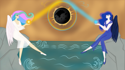 Size: 3265x1836 | Tagged: safe, artist:agnessangel, princess celestia, princess luna, human, g4, eclipse, humanized, light skin, looking up, moon work, royal sisters, siblings, sisters, solar eclipse, sun work, winged humanization