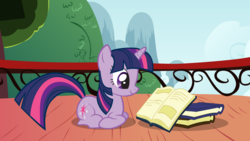 Size: 1600x900 | Tagged: safe, artist:shelltoon, twilight sparkle, pony, unicorn, applebuck season, g4, my little pony: friendship is magic, balcony, book, female, mare, ponyloaf, prone, reading, smiling, solo, unicorn twilight, vector, wallpaper